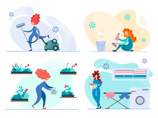 Illustrations of beautiful girls doing housework