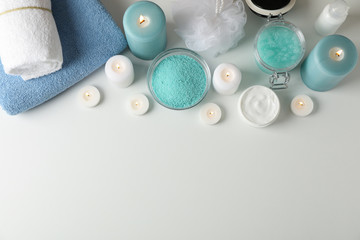 Spa accessories on white background, top view and space for text