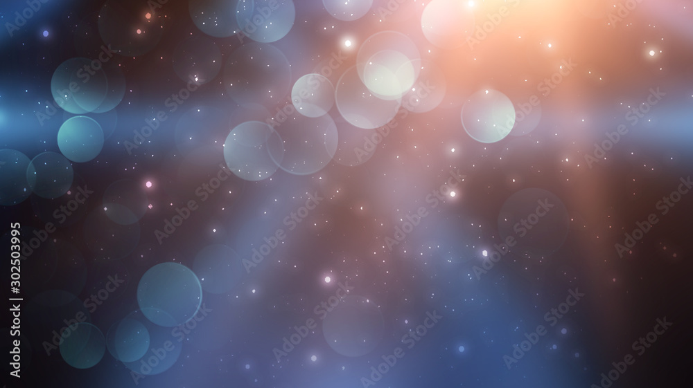 Sticker blue background with abstract bokeh light. sun flare, rays. festive bokeh background. empty blue neo