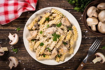 Pasta with Chicken and mushrooms In cream sauce.
