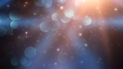 Blue background with abstract bokeh light. Sun flare, rays. Festive bokeh background. Empty blue neon scene. © MiaStendal