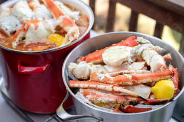 Crab and shellfish in stock pot for a seafood boil