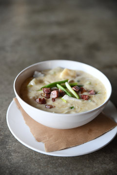 Chowder topped with pancetta