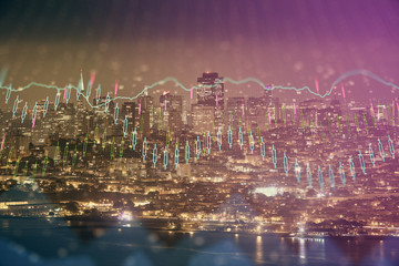 Fototapeta na wymiar Financial graph on night city scape with tall buildings background double exposure. Analysis concept.