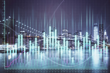 Financial chart on city scape with tall buildings background multi exposure. Analysis concept.