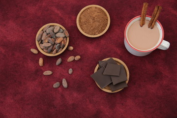 cocoa mug with cacao beans, powder and chocolate on a red background with copy space for text. Flat lay, top view. Background, pattern, card, menu
