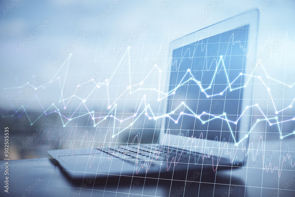 Poster Double exposure of chart and financial info and work space with computer background. Concept of international online trading.