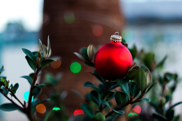Christmas background with red festive ball, season holiday concept