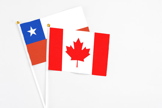 Canada and Chile stick flags on white background. High quality fabric, miniature national flag. Peaceful global concept.White floor for copy space.