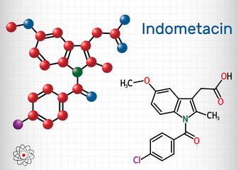 Indometacin molecule, is a nonsteroidal anti-inflammatory NSAID drug. Structural chemical formula and molecule model. Sheet of paper in a cage