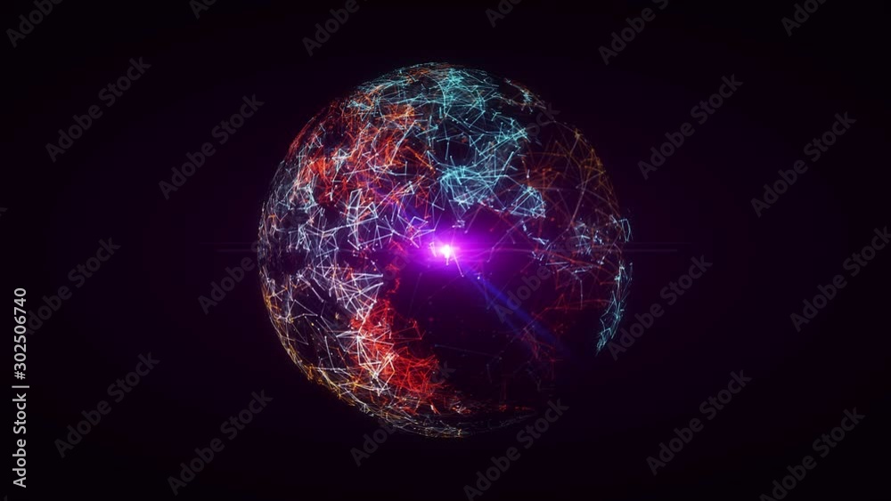 Wall mural plexus of abstract violet lines with moving triangles and dots. sunrise skyline. rotating animation.