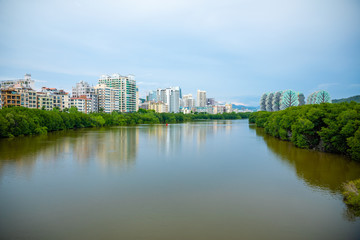 Panorama of the city of Sanya from the center of the river. He Ping Jie, Tianya Qu, Sanya Shi, Hainan Sheng, China