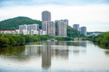 Panorama of the city of Sanya from the center of the river. He Ping Jie, Tianya Qu, Sanya Shi, Hainan Sheng, China