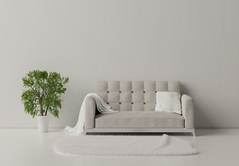 Interior poster mock up with couch, plaid and pillow on a wall background. 3D rendering. 3D illustration.