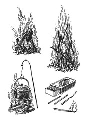 Campfire sketch vector illustration. Hand drawn style picture could be used for web - 302508143