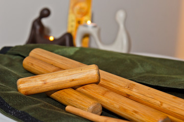 A set of professional bamboo sticks for Thai massage. Preparation for the procedure of healing the soul and body.