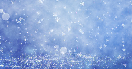 Snowflakes and bokeh lights on the blue Merry Christmas background. 3D render - 302508181