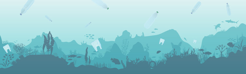 Plastic bottles in the sea. Pollution Of the world ocean by plastic waste. © Евгений Соловьев