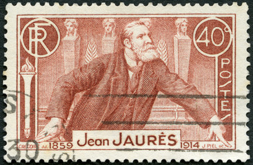 FRANCE - 1936: shows Auguste Marie Joseph Jean Leon Jaures (1859-1914), socialist and politician,...