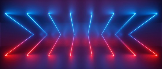3d neon light abstract background, red blue lines sequence, glowing arrows, holographic technology, virtual reality space, ultraviolet spectrum, laser show - obrazy, fototapety, plakaty