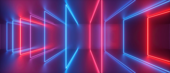 Fototapeta na wymiar 3d abstract neon light background, red blue square frames sequence, holographic technology, digital file storage metaphor, virtual reality, ultraviolet spectrum, laser show