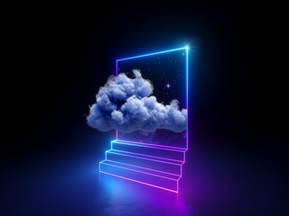 3d cloud going through square window isolated on black background. Starry night sky. Abstract dreaming metaphor. Glowing pink blue neon lines. Virtual reality. Ultraviolet light © wacomka