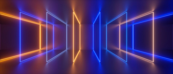 3d abstract neon background, blue yellow square frames sequence, glowing light, holographic technology, ultraviolet spectrum, digital file storage metaphor, virtual reality, laser show