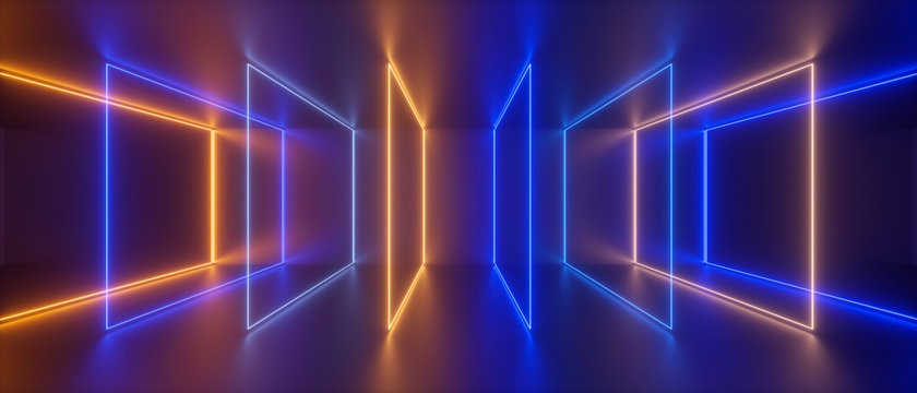 3d abstract neon background, blue yellow square frames sequence, glowing light, holographic technology, ultraviolet spectrum, digital file storage metaphor, virtual reality, laser show