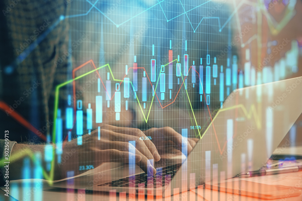 Poster Double exposure of stock market chart with man working on computer on background. Concept of financial analysis.