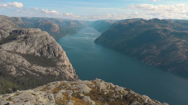 drone view of sunny Lysefjord, Stavanger, Norway
