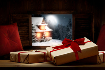 Christmas winter cold night and xmas gifts on window sill