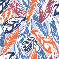 Vector colorful seamless pattern with leaves. Hand drawn boho background, organic texture with blue and orange decor element.