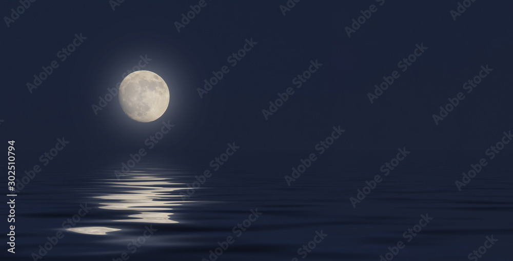 Wall mural full moon in the sky on a dark blue background reflection in the sea ocean water. 3d illustration 3d