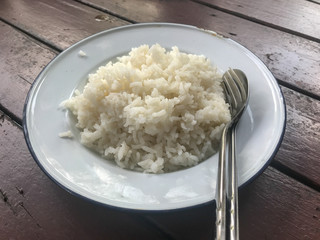 white steamed rice on plate with spoon