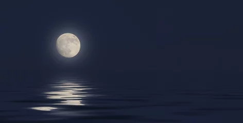 Abwaschbare Fototapete Vollmond full moon in the sky on a dark blue background reflection in the sea ocean water. 3D illustration 3D render