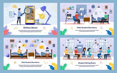 Set Vector Illustration, Online Library, Slide. Male Student Dormitory, Student Dining Room. Comfortable Accommodation While Studying at University. Guys are Sitting on Bed Student Dorm.