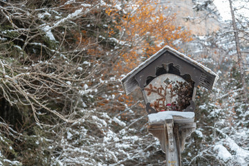 Ordesa National Valley in snowy autumn, located in Pyrenees Spain