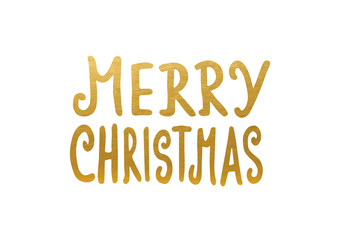 Golden Merry Christmas Greeting Card. Hand Drawn Lettering Design.