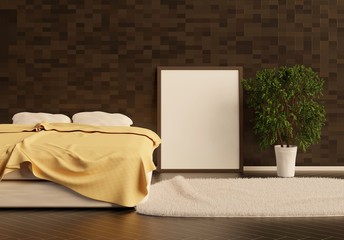 An empty frame in the bedroom with a wide bed. Large indoor plant on the floor. Photo template. 3D rendering. 3D illustration.