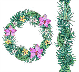 Flower wreath with tropical leaves, plumeria and orchid. For festive design, announcements, postcards, posters. Endless pattern brush with tropical leaves.