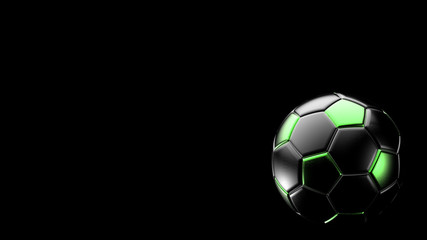 green and black soccer metal ball isolated on black background. Football 3d render illlustration. 