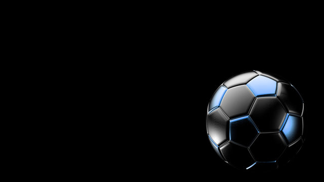 blue and black soccer metal ball isolated on black background. Football 3d render illlustration. 