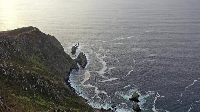 Aerial of Slieve League Cliffs are among the highest sea cliffs in Europe rising 1972 feet or 601 meters above the Atlantic Ocean - County Donegal, Ireland