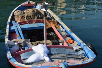 Nautical images and Backgrounds, fishing harbour in Alanya Turkey with nets, boats, anchors, rope...