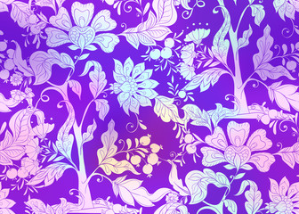 Fototapeta na wymiar Fantasy floral seamless pattern in jacobean embroidery style, vintage, old, retro style. Vector illustration in bright pink, purplecolors.