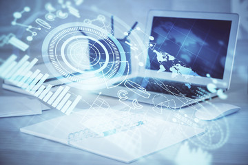 Multi exposure of business theme icons and table with computer background. Concept of success.