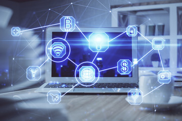 Computer on desktop with social network theme icon. Multi exposure. Concept of international connections.