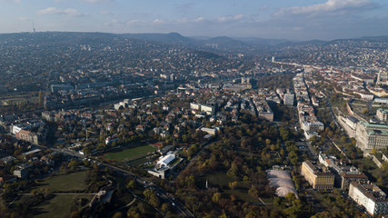 View of Budapest and the capital of Hungary from a height shooting on a drone. The main attractions in the city panorama from the side of Buda.