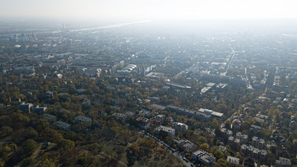 View of Budapest and the capital of Hungary from a height shooting on a drone. The main attractions in the city panorama from the side of Buda.