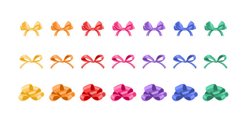 Set of colored bows of different shapes isolated on white background. Vector illustration of holiday decoration elements, festive design in cartoon simple flat style.